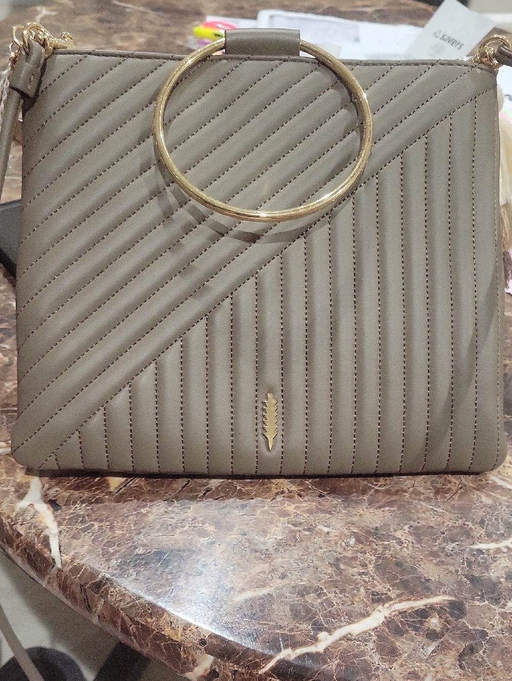 Thacker Taupe Quilted Ring-Handle Crossbody Bag